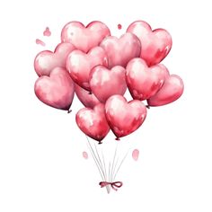 a bunch of pink heart shaped balloons floating in the air with a bow on top