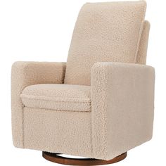 a beige chair with a wooden base and arm rests on a white background, it is made of plush material