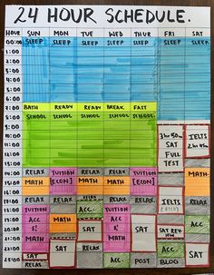 a poster with the words 24 hour schedule written in different colors and sizes on it