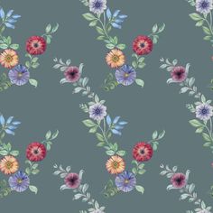 an image of a floral pattern on a blue background with red, yellow and purple flowers