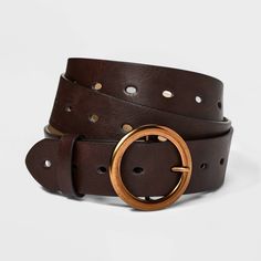 Add sleek style and comfort to your casual ensembles with this Leather Belt from Ava & Viv™. The belt features a leather construction for fashionable texture, and a metallic gold-tone round buckle for a touch of shine. Plus, it comes with multiple holes to provide an adjustable, secure fit around your waist. Wear with a tee-and-jeans combo or with going-out outfits for versatile styling. Trendy Brown Belt With Buckle Closure, Trendy Brown Belts With Buckle Closure, Double Buckle Belt, Womens Leather Belt, Jean Belts, Reversible Belt, Belt Shop, Sleek Fashion, Belt Size