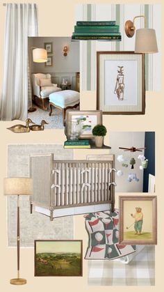 a collage of photos with baby's room furniture and pictures on the wall