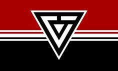 an image of a triangle logo on a red and black striped background with the letter v