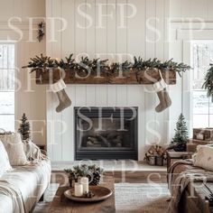 a living room decorated for christmas with stockings on the mantel and garlands hanging over the fireplace