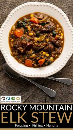 rocky mountain elk stew in a white bowl with spoons