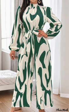 Olivia Mark - Batwing Sleeve Wide Leg Jumpsuit with All-Over Print Chic Green Printed Jumpsuits And Rompers, Spring Long Sleeve Jumpsuits And Rompers With Tie Waist, Spring Green Jumpsuits And Rompers, Green Tie Waist Jumpsuits And Rompers For Spring, Casual Green Jumpsuits And Rompers With Tie Waist, Fitted Green Jumpsuits And Rompers With Tie Waist, Chic Green Long Sleeve Jumpsuits And Rompers, Long Sleeved Jumpsuit, Jumpsuit Pants