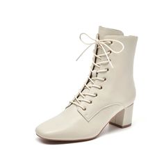 • Upper Material: Genuine Leather• Genuine Upper Leather Type: Sheepskin• Boot Height: Ankle• Heel type: square heel• Toe shape: square toe• Season: spring/autumn• Insole Material: Pigskin• Outsole Material: Rubber• Heel Height: High (5cm-8cm)• Closure Type: Lace-up• Fit: Fits true to size, take your normal size• Heel Height: 5.2cm• Import Product Heeled Lace Up Ankle Boots, Luxury Elegant Women's Lace-up Boots, Luxury Elegant Lace-up Boots, Luxury White Women's Lace-up Boots, Elegant Luxury Lace-up Boots For Women, Luxury Lace-up Office Boots, Luxury Lace-up Heeled Boots For Fall, Luxury Lace-up Boots With Pointed Toe For Winter, Luxury Business Lace-up Boots