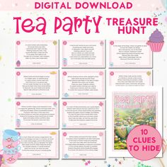 tea party printables with the text,'tea party hunt 10 clues to hide '