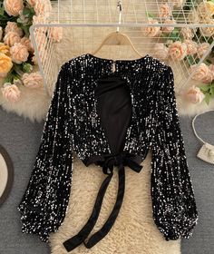 Fabric: blended Color: silver, gold, blue, black, red Size(cm): free size length 40 bust 96-106 waist 90-100 sleeve length 65 Long Sleeve Sequin Top, Shirt Dress Pattern, Tuxedo Shirt Dress, Autumn Design, Sequin Blouse, Sequin Shirt, Backless Top, Polyester Dress