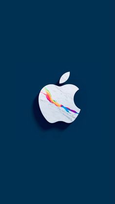 an apple logo on a blue background with the colors of rainbows and waves painted on it