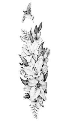 a black and white drawing of flowers with birds flying around it on a white background