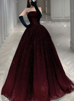 Black And Tulle Shiny Tulle Long Evening Dress Royal Ball Gown Aesthetic Black, Long Dark Dress Aesthetic, Pretty Gown Aesthetic, Dresses For A Queen, Red Fancy Outfits For Women, Dark Red Dress Long Elegant Prom, Dark Red Gown Elegant, Pretty Gowns Princesses, Black And Red Gown Elegant