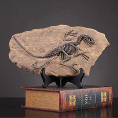 a dinosaur skeleton is on top of a book and it's resting on a rock