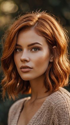 Effortless Blunt Cut with Fall Hair Colors Copper for Everyday Glam ✨ Chin Length Red Hair, Red Hair With Lowlights Dark, Short Copper Red Hair, Cooper Short Hair, Auburn Hair Curly, One Color Hair, Fall Ginger Hair, Medium Copper Hair, Red Fall Hair Color