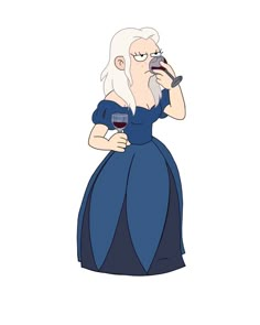 an old woman in a blue dress holding a wine glass and looking into the distance