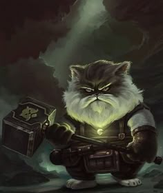 a painting of a cat holding a chest with glowing eyes and an evil look on its face