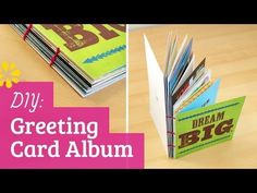 an open book sitting on top of a table next to a pile of books with the words diy greeting card album