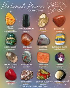 Use these crystals to embrace your personal power and reach your highest self. Our personal power collection includes Yellow Jasper for positive thinking, Black Tourmaline for security, Citrine for clarity, Goldstone for courage, Ocean Jasper for expression, Carnelian for action, Hematite for magnetism, Bumblebee Jasper for manifestation, Smoky Quartz for grounding, Bloodstone for ambition, Sunstone for Inspiration, Garnet for energy, Red Jasper for strength, and more! Chakra Stones Chart, Energy Stones Crystal Healing, Crystal Identification, Raw Gemstones Rocks, Gemstones Chart, Stone Store, Yellow Jasper, Highest Self