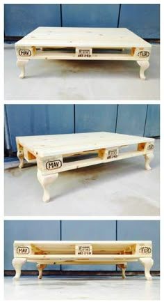 three different views of a coffee table made out of pallets