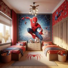 a spiderman themed bedroom with two twin beds and a large spider man mural on the wall