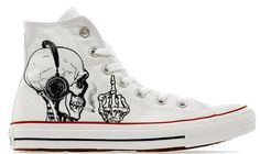 Halloween Shoes, Skeleton Wearing Headphones Up Yours Custom Hightop Converse – Fashion Station Store Customizing Converse, Skeleton Wearing Headphones, Skeleton Shoes, Fye Shoes, Emo Shoes, Grunge Shoes, Wearing Headphones, Wearing Headphone, Skull Shoes