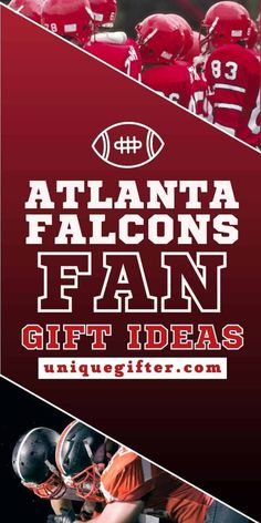 the atlanta falcons fan gift idea is shown in red and black with football helmets on it