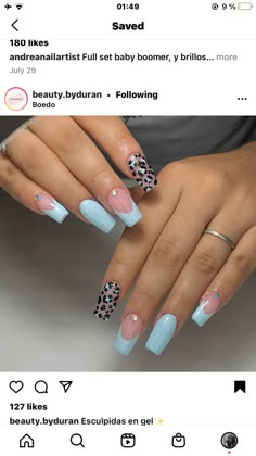 Blue Leapord Nails, Blue Nails With Leopard Print, Sky Blue Nails Design Art Ideas, Blue Animal Print Nails, Blue Cheetah Print Nails, Sky Blue Nail Ideas, Blue Leopard Print Nails, Sky Blue Nail Art, Blue Cheetah Nails