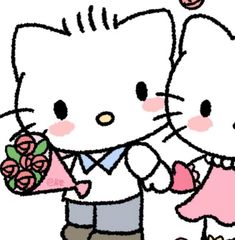 a hello kitty holding a bouquet of roses