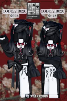 two black and white dolls with long hair, wearing gothic clothing in front of a red background