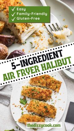 the 5 ingredient air fryer halibut recipe is shown on a white plate