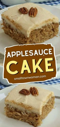 two pieces of cake with pecans on top and the words applesauce cake above it