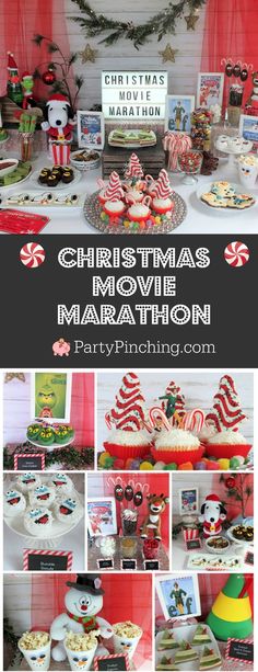 a christmas movie marathon party with lots of food and decorations, including cupcakes