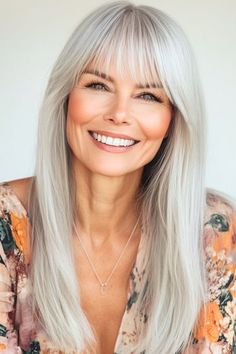 Save this pin for the best hairstyles for women over 60 with bangs. Celebrate your silver strands with this striking long hairstyle. The length creates a sense of elegance, while wispy bangs provide balance. Bangs For Older Women, Haircuts Trending, Graduated Bob Haircuts, Graduated Bob, Swept Bangs, Soft Face, Stunning Hairstyles