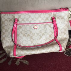 Good Condition Minus The Straps Everything Is In Great Condition On The Outside Slight Staining In The Inside Corner But Pretty Minor. Straps Are Cracking But The Long Adjustable Strap That Can Come Off Is In Brand New Condition It Was Never Used. Hot Pink Coach Bag, Pink Coach Tote, Pink Coach Purse, Pink Coach Bags With Leather Handles, Pink Coach Purses, Pink Coach Bag With Zipper Closure, Coach Pink Bags With Silver-tone Hardware, Coach Purse, Coach Purses