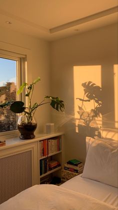 a bedroom with a bed, bookcases and plants in the window sill