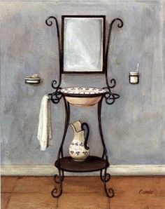 a painting of a sink and mirror in a room