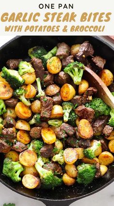 a skillet with potatoes and broccoli in it