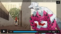 an anime scene with a man walking down the street and another person standing in the alley behind him