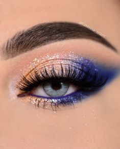 Blue And Gold Wedding Makeup, Eye Makeup Ideas For Blue Eyes, Formal Makeup For Blue Dress, Blue Bridal Makeup, Royal Blue Eyeshadow Looks, Blue Eye Shadow Looks, Make Up Azul, Makeup Look For Blue Eyes, Christmas Makeup Looks Simple