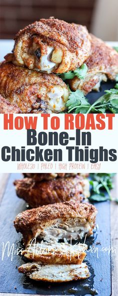 how to roast bone - in chicken thighs on a cutting board with text overlay