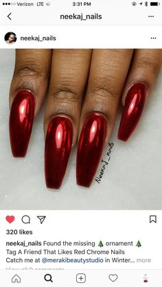 Christmas Finger Nails, Red Crome Nails Acrylic, Red Holographic Nails, Red Foil Nails, Candy Apple Red Nails, Red Metallic Nails, Red Nails Valentines, Chrome Red Nails, Ravyn Lenae