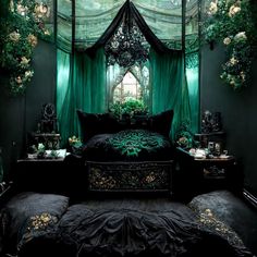 a bedroom with green curtains and black bedding in front of a window filled with flowers