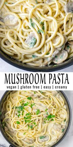 mushroom pasta in a skillet with mushrooms and parmesan cheese on the side