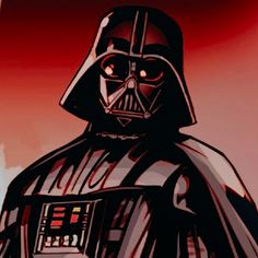 a darth vader is shown in red and black with an orange sky behind it