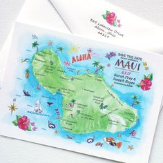 a watercolor map of the island of mahi in hawaii with names and locations