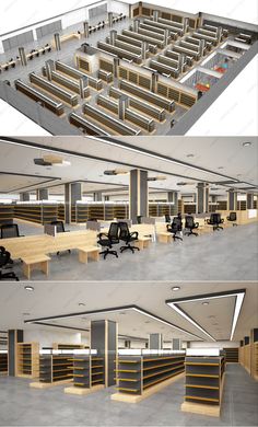 two views of an empty library with desks and bookshelves in the middle