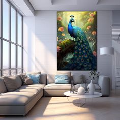 a peacock sitting on top of a tree branch in a living room