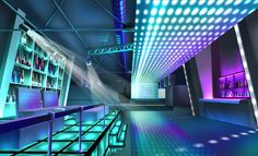 an artistic rendering of a futuristic bar with neon lights and liquor bottles on the shelves