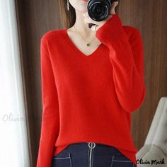 Olivia Mark - Simple Ribbed Knit Sweater with Solid Color and Long Sleeves, Ideal for Layering or Stylish Outerwear V Neck Sweaters, V Neck Jumper, Womens Knit Sweater, Slim Fit Sweater, Pullover Mode, Hari Valentine, Basic Sweaters, Cashmere Sweater Women, Spring Sweater