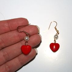 "Sweet Little Red Heart and Pearl Earrings These measure 1.7\" long including the hook" Dainty Heart Earrings For Party, Cute Heart Beads Dangle Jewelry, Cute Heart Dangle Earrings With Ear Wire, Cute Dangle Heart Earrings With Ear Wire, Red Hypoallergenic Dainty Earrings, Vintage Red Heart Earrings For Pierced Ears, Red Vintage Heart Earrings For Gifting, Red Vintage Heart Earrings, Vintage Red Heart Earrings For Gift